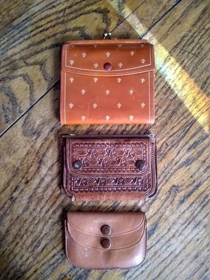 3 vintage leather tan/brown wallets Italian Mexican gold lettering on 2 tan ones