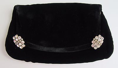 Vintage Ingber Shimmery Black Velvet Rhinestone Clasp Foldover Clutch Purse Bag