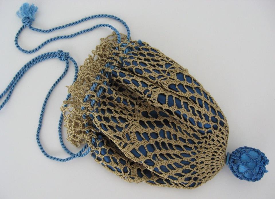 Antique Victorian Edwardian Crocheted Handbag Drawstring Purse Blue Wedding