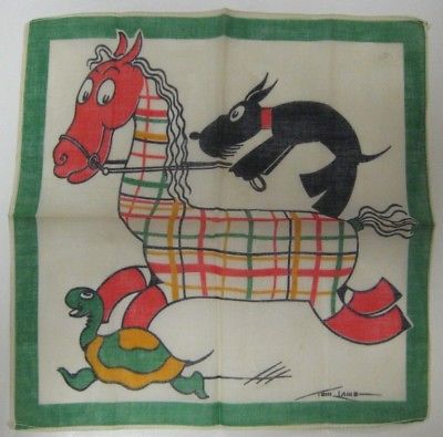 Vintage Children's Hankie DOG RIDING HORSE Signed Tom Lamb UNUSED NOS Turtle