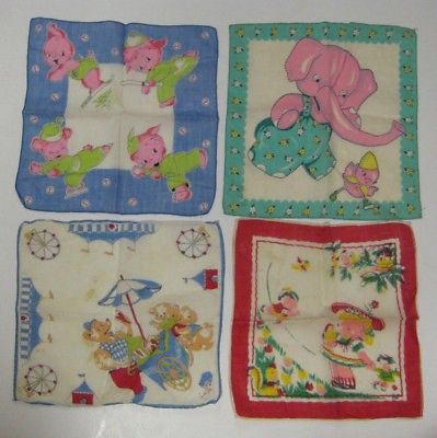 Vintage Children's Hankie Lot NURSERY RHYMES Pigs Elephants Bear at Carnival