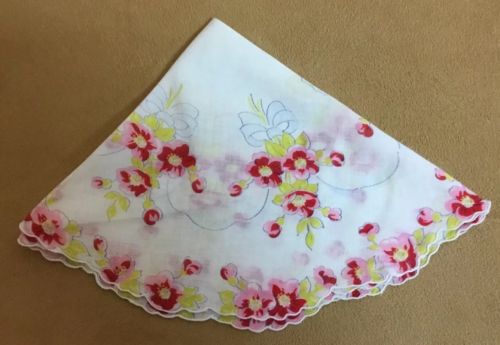Vintage Ladies Hanky, Handkerchief, Printed Flowers & Leaves, Oval, Pink, White