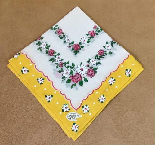 Vintage Ladies Hanky, Handkerchief, Hand Painted Flowers, Leaves, Yellow, Pink