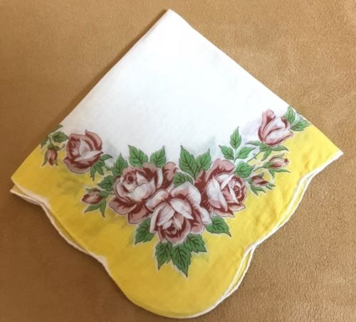 Vintage Ladies Hanky, Handkerchief, Printed Flowers & Leaves, Yellow, Green