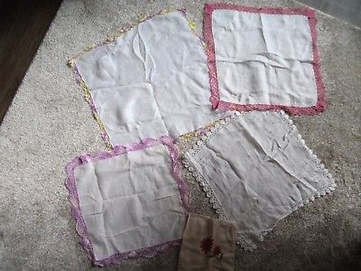 5 Vintage Hankies Handkerchiefs w Embroidered Trim Pink Lavender Yellow Flower