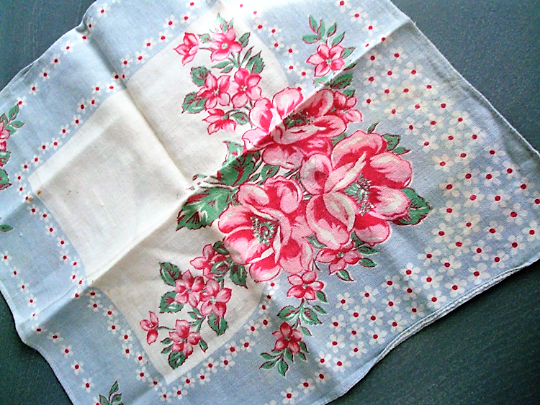 Vintage Gray w/ Pink Flowers Hanky - Excellent Vintage Condition!!