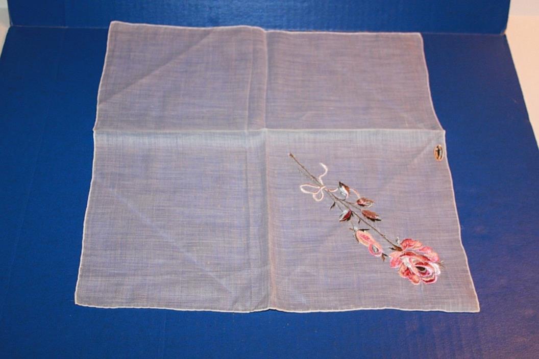 Vintage Ladies Handkerchief Pink Embroidered Rose Switzerland NWT