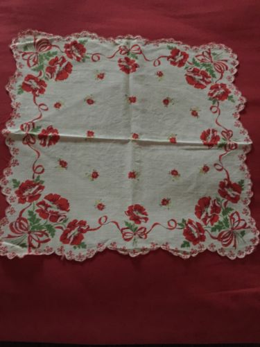 Handkerchief Vintage Red with Flowers and Scalloped Edge