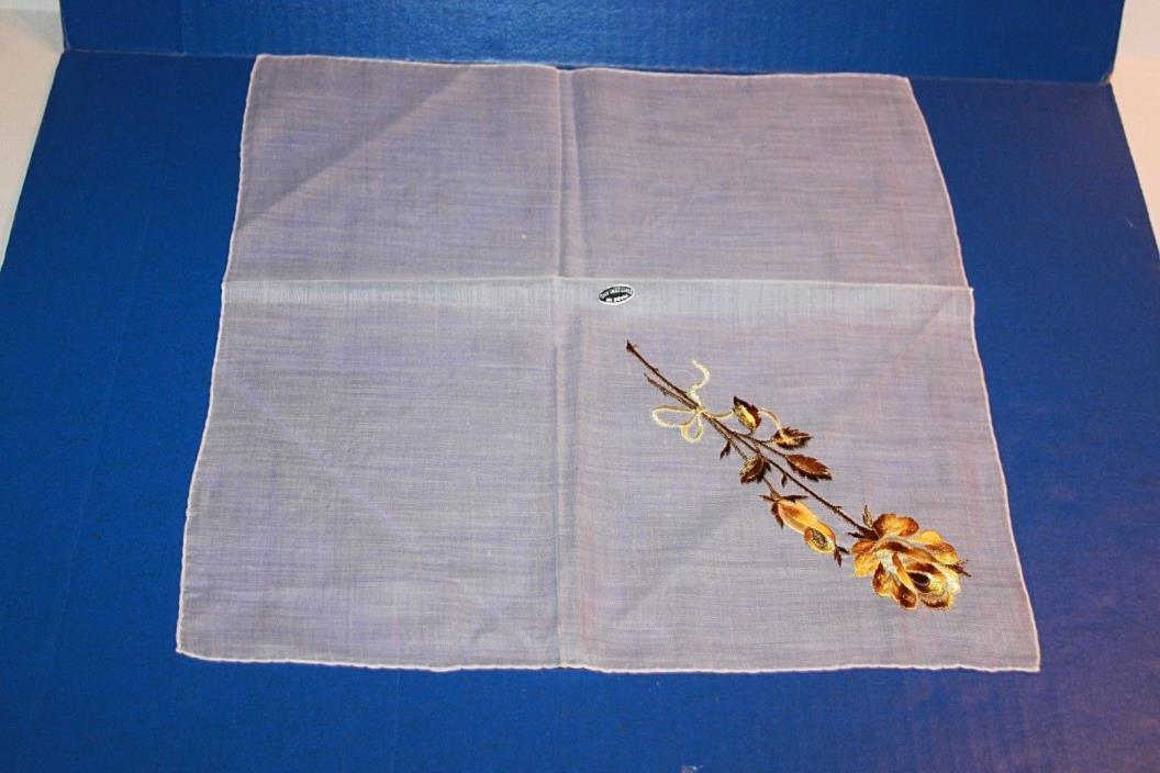 Vintage Ladies Handkerchief Yellow Embroidered Rose Switzerland NWT