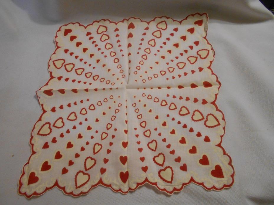 lovely Valentine Vintage Handkerchief spray of Red Hearts Scallop Edge Hankie