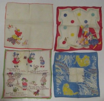 Vintage Children's Hankie Lot PIG PLAYING DRUMS Tom Lamb TIGERS Nursery Rhyme