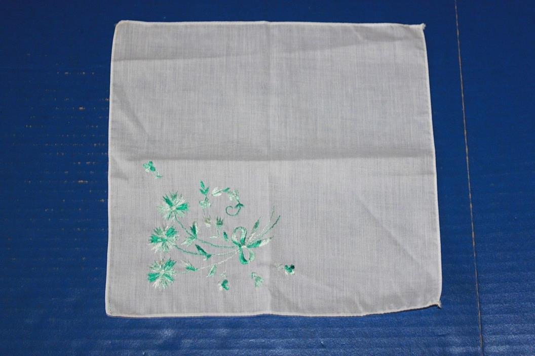 Vintage Lady's Handkerchief Embroidered Turquoise Flowers
