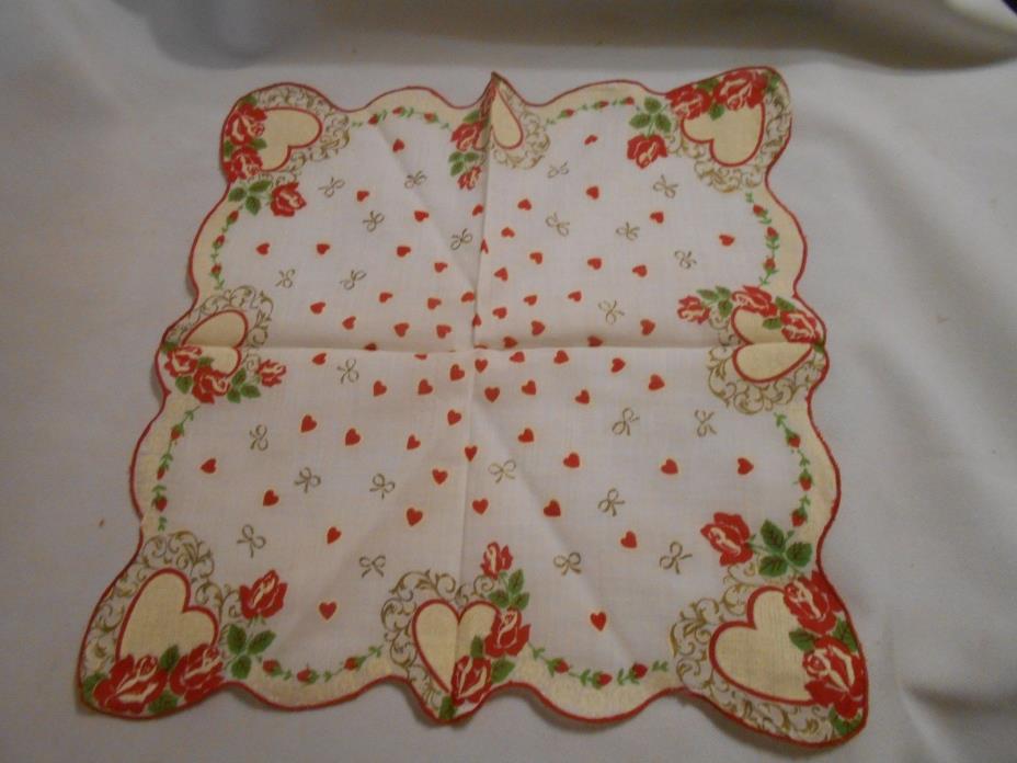 Lovely Valentine Vintage Handkerchief Red Hearts & roses Scallop Edge Hankie #2