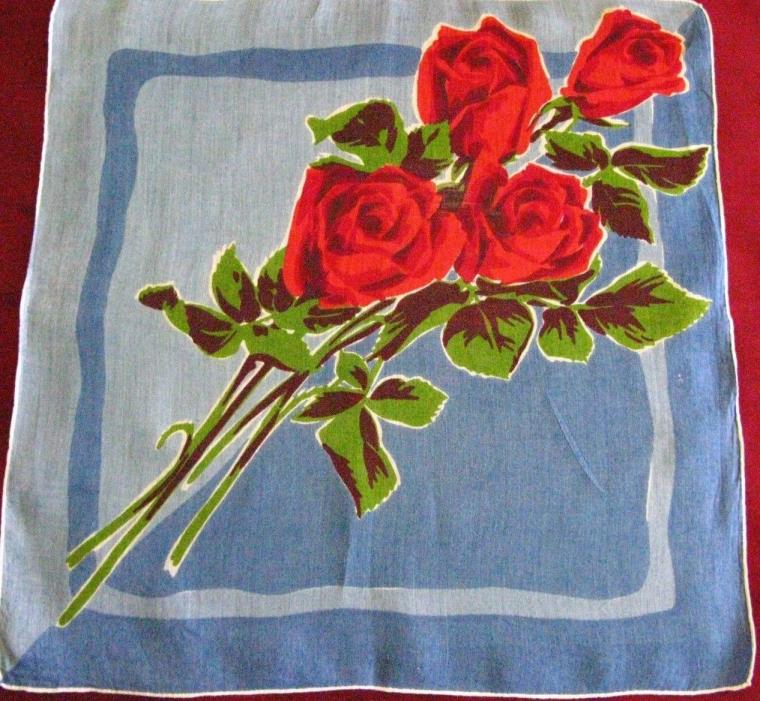 416 Vintage  Handkerchief Hand Rolled Edges Lg Bouquet of Roses Hankies Hanky