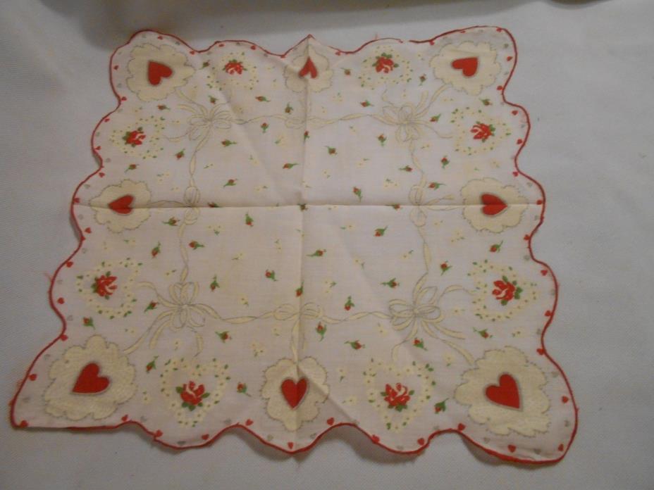 Lovely Valentine Vintage Handkerchief Red Hearts & roses Scallop Edge Hankie
