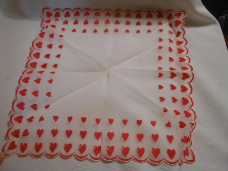 Lovely Valentine Vintage Handkerchief Red Hearts Scallop Edge Hankie sheer