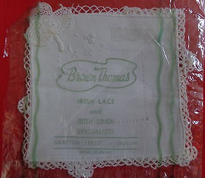 Brown Thomas Dublin Ireland Irish Linen Handkerchief Hankie White with Shamrocks