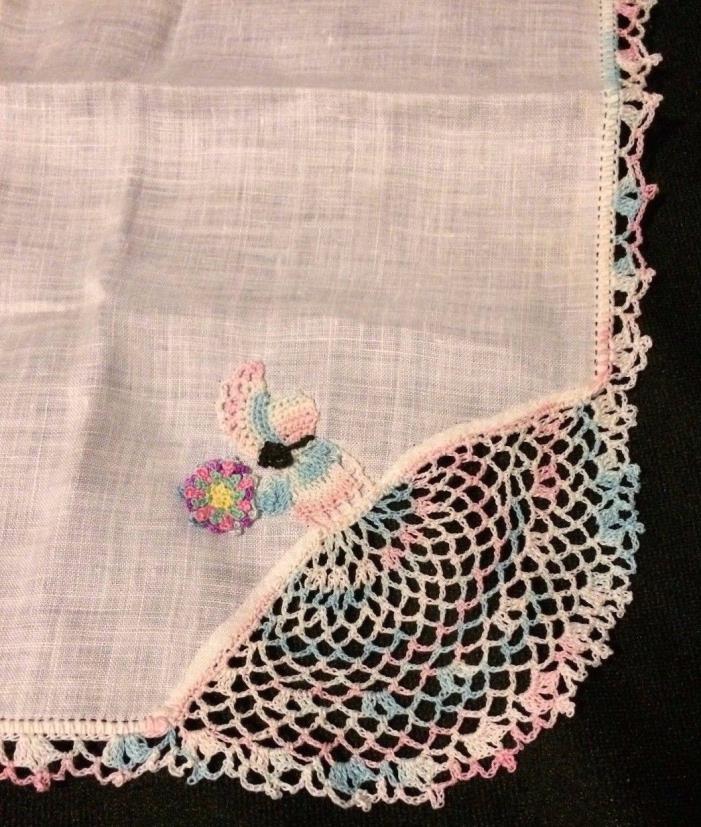 Vtg Fancy Lace Corner Crocheted Southern Belle Pink Blue Handkerchief Unused