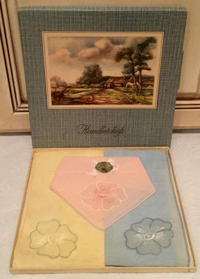 3 Vintage Ladies Hankies Sweet Embroidery Set Original Box