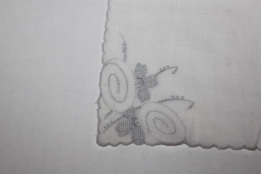 Ladies Vintage Handkerchief Embroidered Silver Flowers