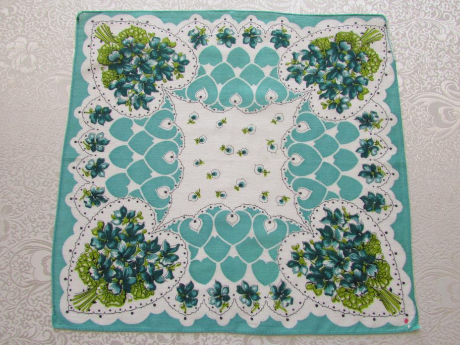 Vintage Floral Print Hankie Teal & Green Flowers
