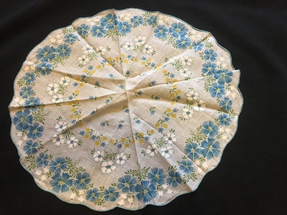 Vtg Round Handkerchief Blue Floral White Yellow 13