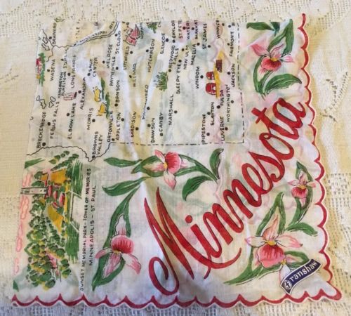 Franshaw Minnesota  Souvenir Vintage Hankie Handkerchief State Map with Tag