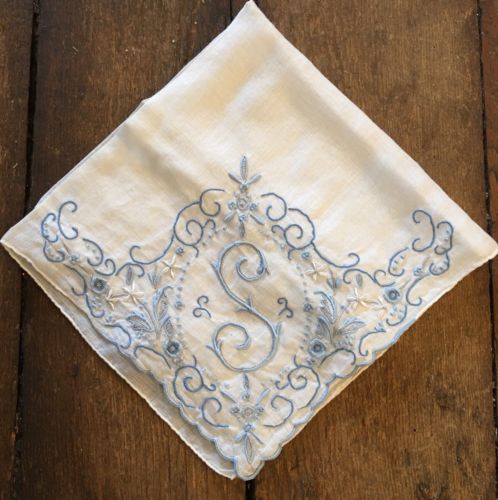 Vintage Linen Hankie Madeira Style Hand Embroidered Blue Monogram S Wedding