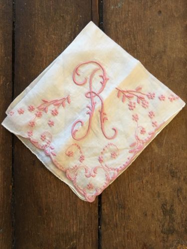 Vintage Linen Hankie Madeira Style Hand Embroidered Pink Monogram R Wedding