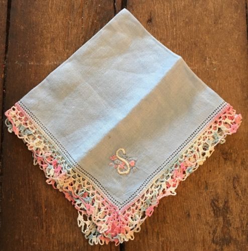 Vintage Linen Hand Embroidered Crochet Pink Blue Monogram S Wedding