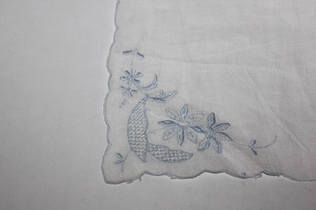 Ladies Vintage Handkerchief Embroidered Light Blue Flowers