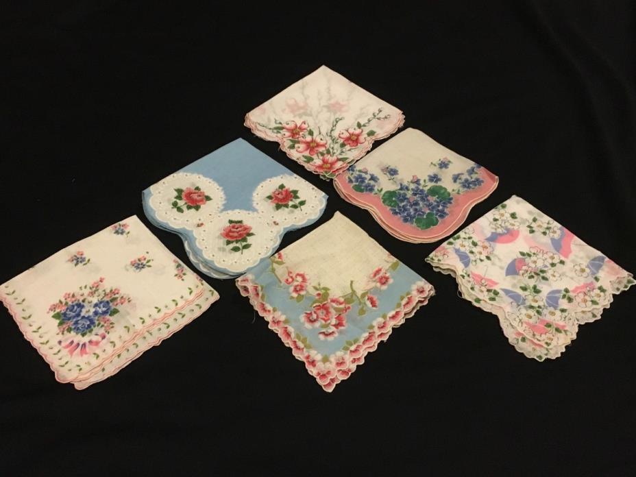 6 Vtg Lot All Pink Blue Scalloped Floral Roses Handkerchief A23 12-14