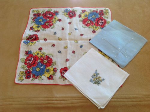 Three Vintage Ladies Hankies, Handkerchiefs, White, Red, Blue, Yellow, Flowers