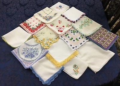 Vintage lot of 15 Womens Hankies Handkerchief Mixed Print Crochet Imperfect H174