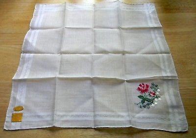 VINTAGE WHITE HANDKERCHIEF/HANKIE WITH EMBROIDERED PINK FLOWER--NEW WITH TAGS