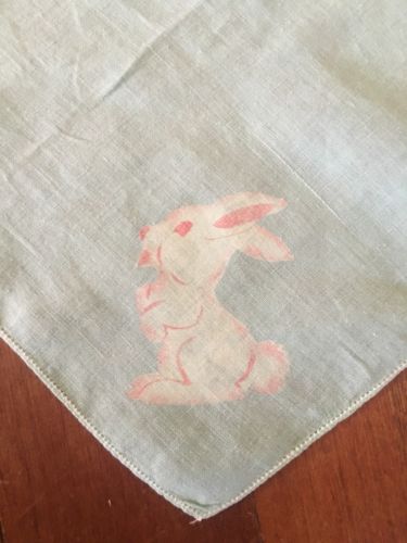 Vintage Handkerchief ~ Pale Green w White Bunny Rabbits in Each Corner