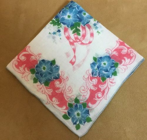 Vintage Ladies Hanky, Handkerchief, Printed Flowers & Leaves, White, Pink, Blue