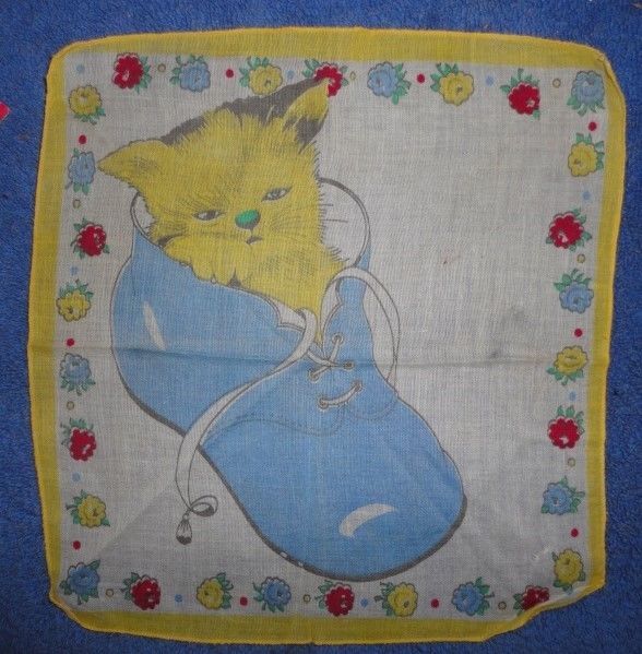 Vintage Hankie/Handkerchief - Kitten in a Blue Shoe - Precious