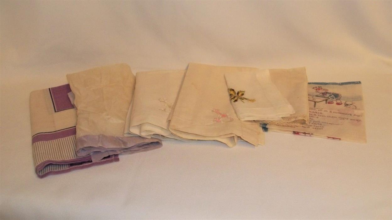 Antique Vintage Lot of 7 Handkerchiefs Hankies Silk Nursery Rhyme Multi