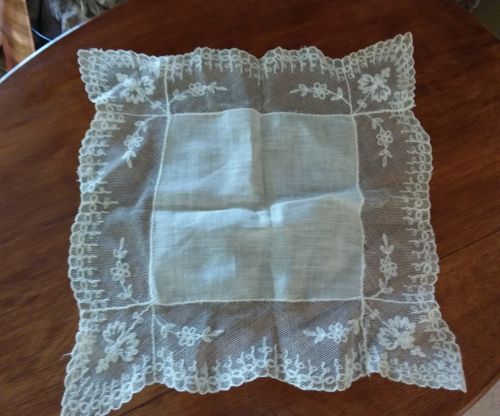 Vintage Needle Run Embroidery Net Lace Handkerchief Hankie Off White