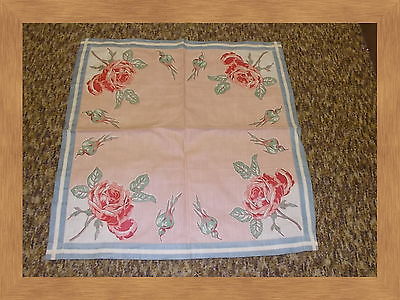 vintage crisp cotton Valentine pink roses scarf , doilie, napkin , hankie