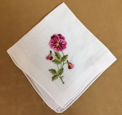 Vintage Ladies Hanky, Handkerchief, Embroidered Flowers & Leaves, White, Pink
