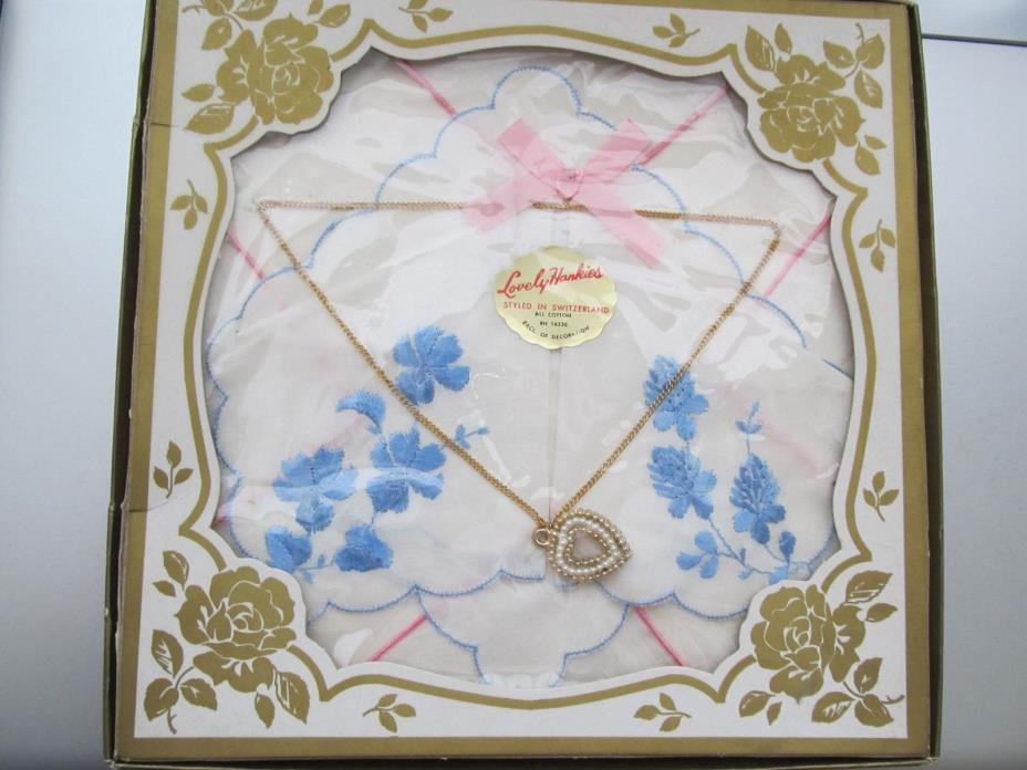 VINTAGE BOXED SET OF TWO 'LOVELY HANKIES' HANDKERCHIEFS AND NECKLACE SWITZERLAND