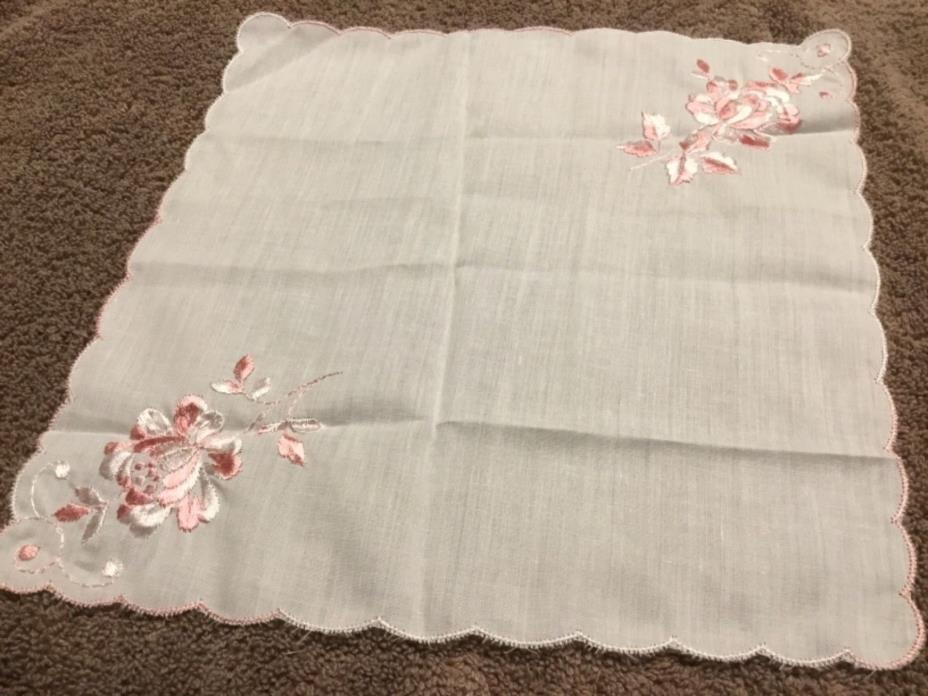 Vintage Ladies White Handkerchief/Hankie w/Pink Flowers