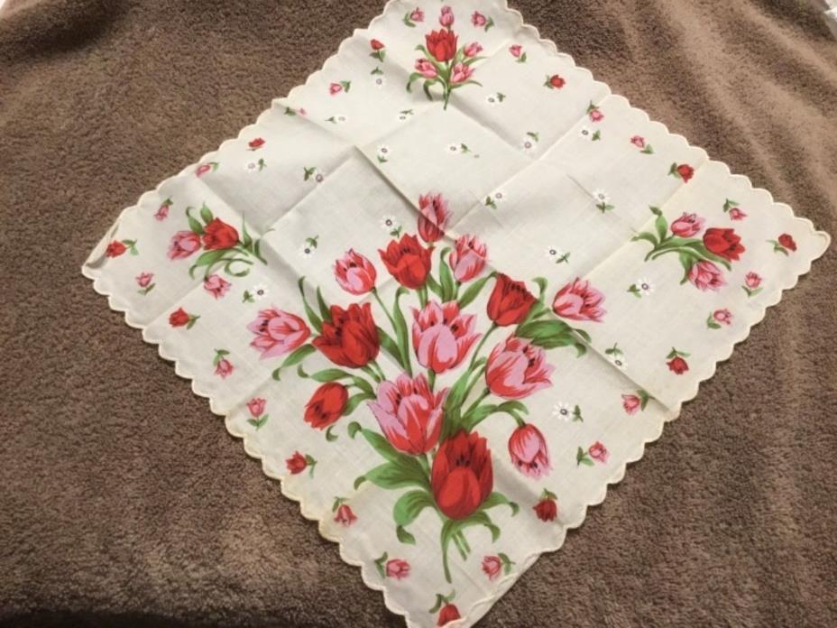 New Vintage Ladies White Handkerchief/Hankie w/Red & Pink Tulips