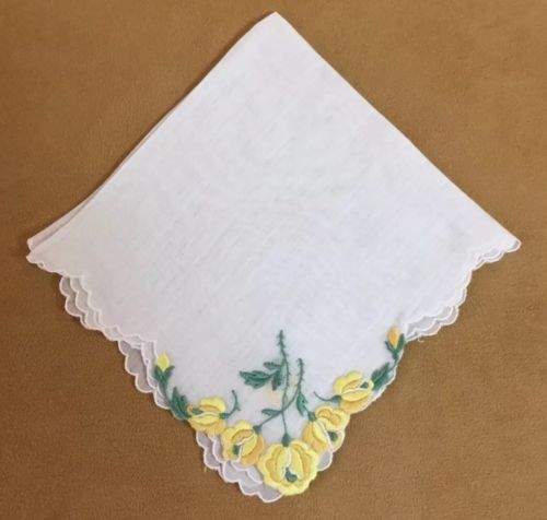 Vintage Ladies Hanky, Handkerchief, Embroidered Flowers & Leaves, White, Yellow