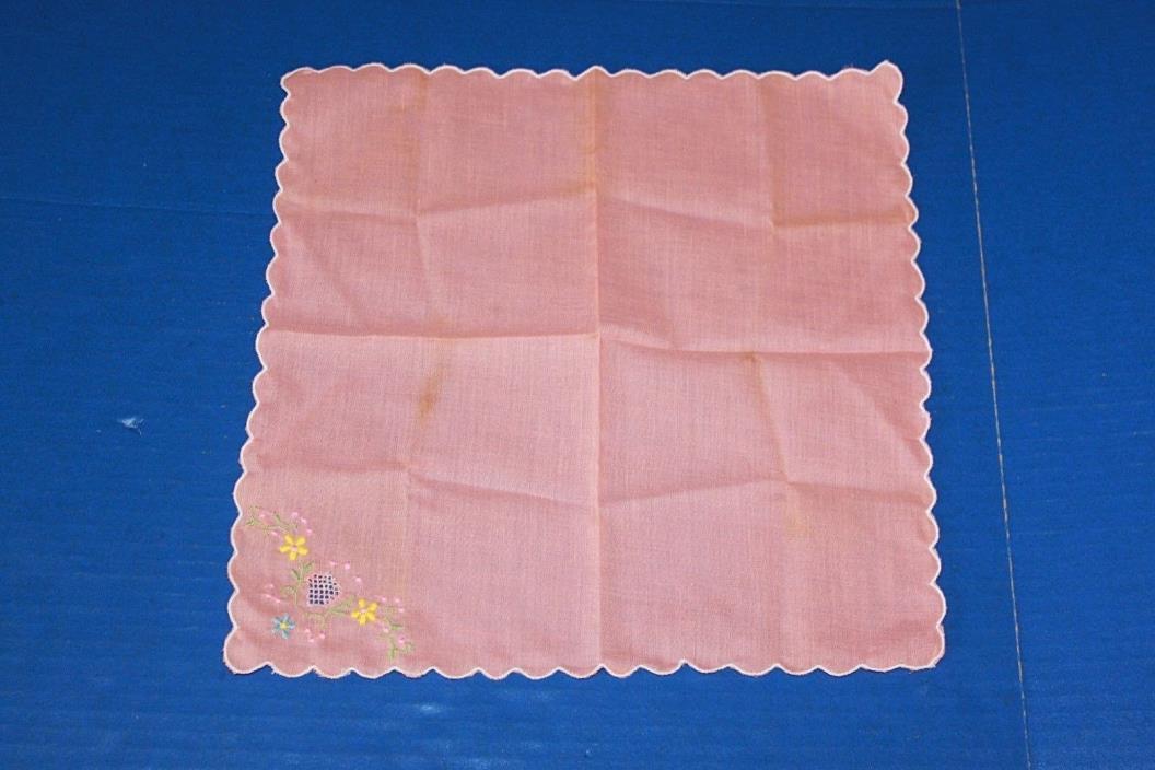 Vintage Lady's Handkerchief Peach With Embroidered Flowers