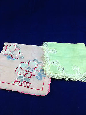 2 vintage handkerchiefs mint green with lace and a Jean d