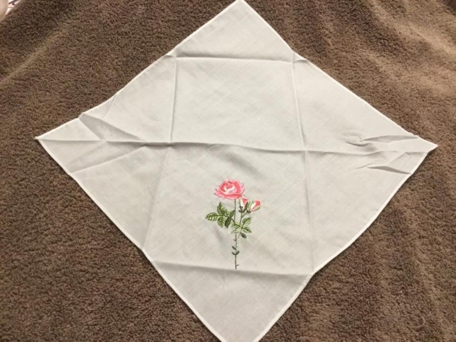 New Vintage Ladies White Handkerchief/Hankie w/Pink Rose