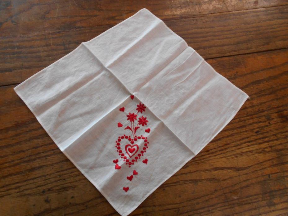 vtg embroidered ladies woman's handkerchief hankie floral Red heart Valentine